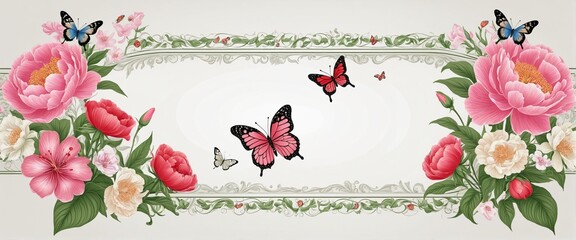 Elegant Floral banner or frame with butterflies, hibiscus, roses and peonies in bright colours 
