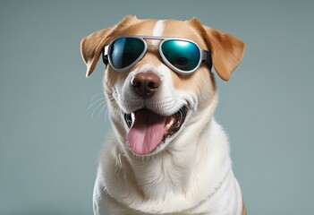 A cute and happy funny dog with modern sunglasses   in bright colours 