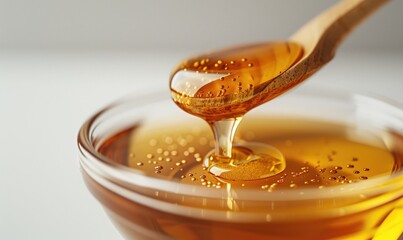 Culinary Photography, Pure Honey Dripping from Wooden Dipper with Transparent Droplets - obrazy, fototapety, plakaty