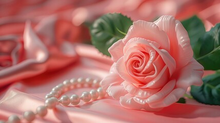 Romantic Photography, Coral Pink Rose with Pearls on Silky Background for Valentine's Day