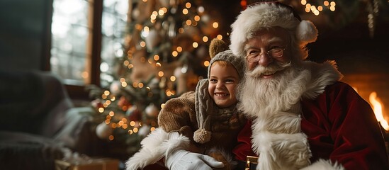 Fototapeta na wymiar Santa Claus Hugging Smiling Child in Cozy American Christmas Setting