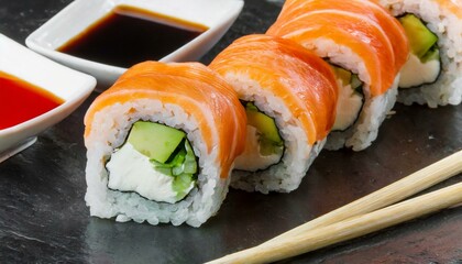 A salmon sushi roll with avocado, cheese and cucumber along with wasabi, soy sauce and chopsticks