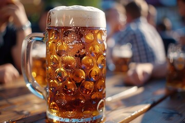 Capture the joy and camaraderie of Oktoberfest with this professional portrait of a smiling couple raising their beer steins in a festive toast - obrazy, fototapety, plakaty