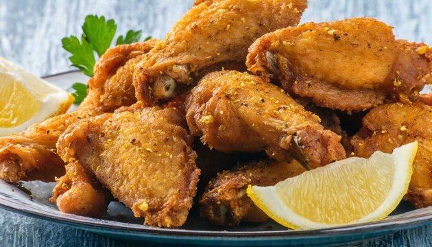 A macro close up picture of fried chicken wings with lemon pepper flavor