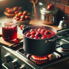 Fresh strawberries are boiled in a pot on the stove. Homemade jam