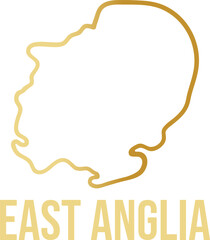 East Anglia isolated outline golden map. Smooth contour line