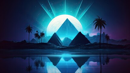 Futuristic night landscape with abstract pyramid and full moon