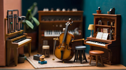 A tiny music studio with miniature instruments, recording equipment, and tiny musicians creating a small-scale symphony - AI - obrazy, fototapety, plakaty