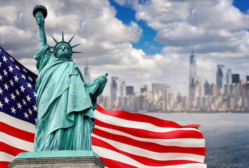 Statue of Liberty in the United States against the backdrop of the waving flag of America and New...