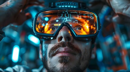 Mechanic Using Augmented Reality Glasses to Access Step-by-Step Repair Instructions in an Industrial Workspace - obrazy, fototapety, plakaty