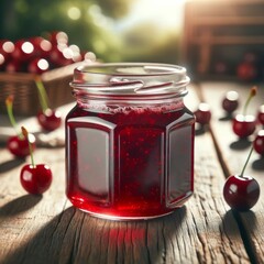 canned cherries in a sunlit glass jar. the comfort of a homemade treat