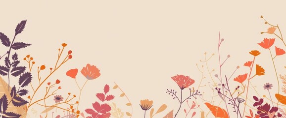 background with autumn flowers and plants, simple shapes and lines in warm light orange and purple tones Generative AI