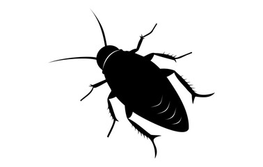 Silhouette of a cockroach isolated on white backdrop. Black cockroach vector illustration. Concept of pest control, infestation, and home hygiene. For design, print and educational material.