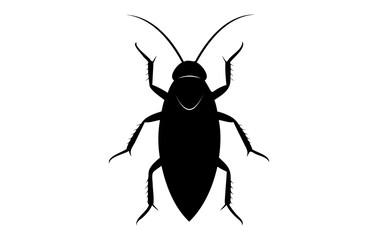 Black silhouette of a cockroach isolated on white backdrop. Vector illustration. Top view. Pest control and infestation concept for design, print and educational material.