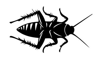 Black silhouette of dead cockroach lying on its back on white backdrop. Vector illustration. Good for pest control service ads, hygiene educational content, product labels for insecticides. Top view