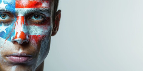 Face painted with American flag, intense gaze conveys strong patriotism. Half portrait against a neutral background highlights bold symbolism