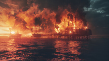 Offshore oil rig ablaze at dusk, smoke billows into sky creating dramatic industrial scene. Fire glow mirrors on ocean surface