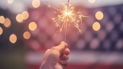 Hand holds sparkler against blurred American flag, celebration and patriotism reflected in bokeh light. Joy of festive spirit glimmers softly