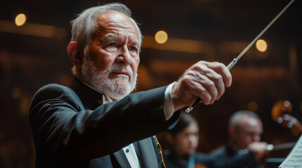 Conductor leads orchestra with intensity, focus in his eyes reflects dedication to music. Warm...