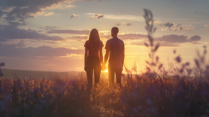 Couple stands hand in hand in meadow at sunset, romantic hues envelope tranquil scene. Wildflowers add touch of whimsy