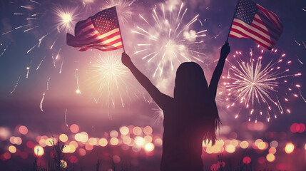 Silhouette of female person with two American flags celebrates, fireworks illuminate twilight. Festive energy and national pride shine brightly