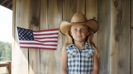 Child in cowboy hat stands by American flag, innocence and rustic charm fill wooden porch scene. Eyes full of curiosity reflect youthful spirit