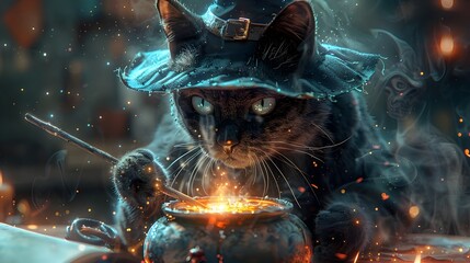 Mystical Black Cat Conjuring Magical Potion in Glowing Cauldron under Starry Night Sky