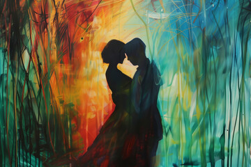 Silhouette of couple kissing in vibrant abstract painting