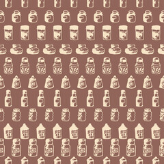 Seamless print pattern with jars and bottles with different food kitchen wallpaper background for textile, paper 