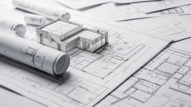 A detailed architectural model of a house sits atop blueprint plans, symbolizing construction planning and design..