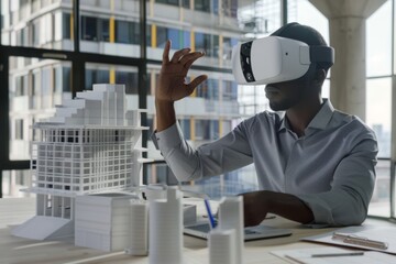 Professional architect using virtual reality headset to visualize 3D building design.