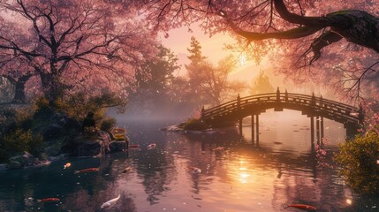 A serene Zen garden at sunrise, with a gently flowing stream, cherry blossoms in full bloom, and a...