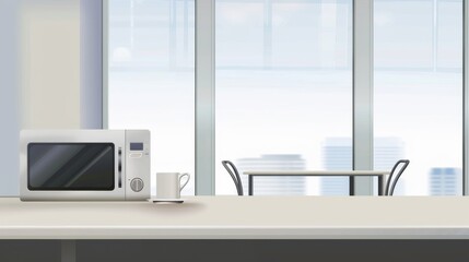 Modern, clean office break room featuring a microwave and a coffee cup on the counter.