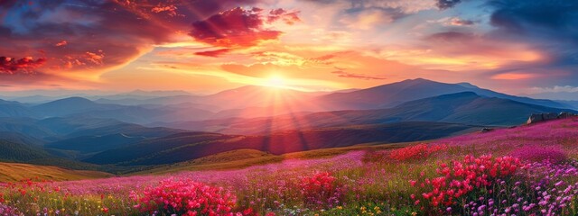 Bright Sunset Over Flower Field - Peaceful Nature Landscape at Dusk