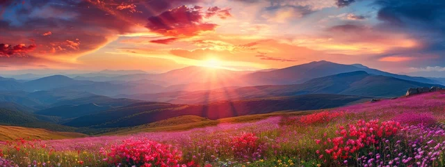 Zelfklevend Fotobehang Bright Sunset Over Flower Field - Peaceful Nature Landscape at Dusk © JovialFox