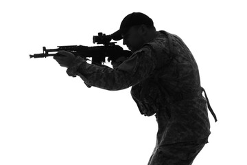 Silhouette of male soldier with rifle aiming on white background