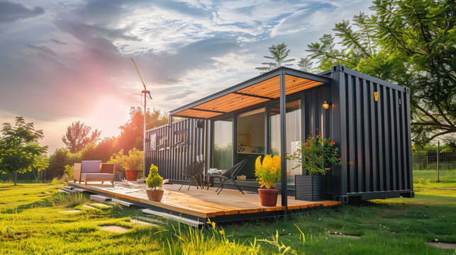 Modern shipping container house home in sunny day. Shipping container houses is sustainable, eco-friendly living accommodation 