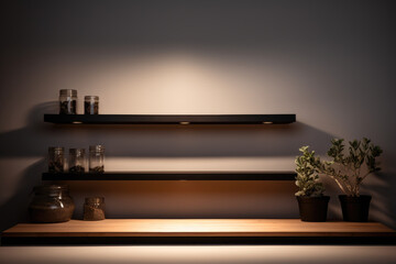 Wooden table with plant, bottles and copyspace in flowerpot under light in dark room. Empty wooden shelf with houseplants on edge against background with precise lighting creating stark visual effect