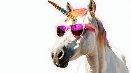 Funny horse pretending being a unicorn with sunglasses on white background - obrazy, fototapety, plakaty