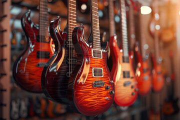 Close up of professional electric guitars in a row in instrument shop