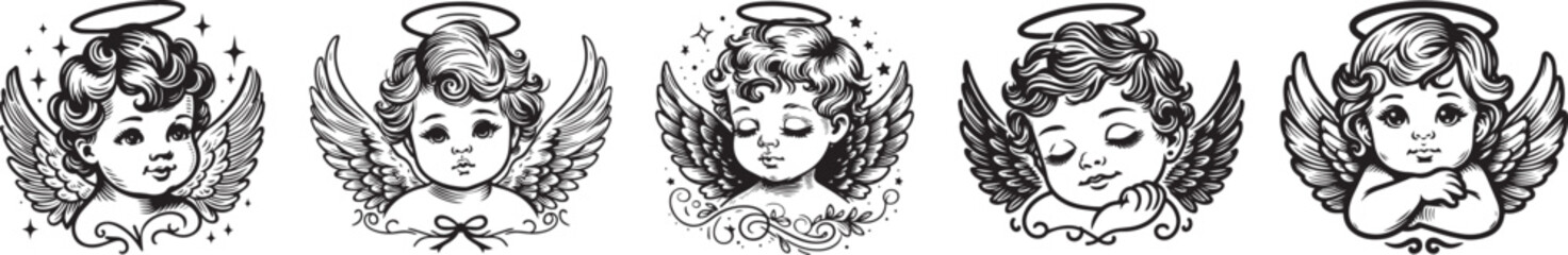 cute and lovely angel children, playfully floating with their wings spread wide, black vector silhouette illustration