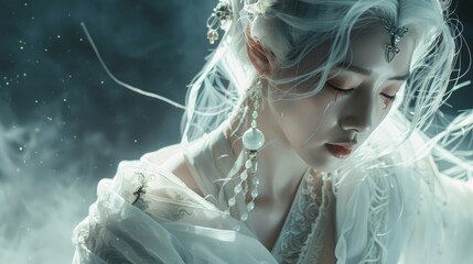 An ancient Chinese beauty with white clothes and white hair, fair skin and a hesitant temperament