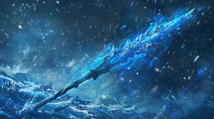 A blue spear with ice crystals, icy magic and snowflakes on the head of it, a magical weapon for an anime character in battle - obrazy, fototapety, plakaty