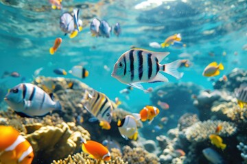 Diverse schools of fish swimming in coral reefs, A vibrant scene of diverse schools of fish gracefully navigating through colorful coral reefs