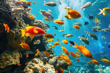 Fototapeta na wymiar Diverse schools of fish swimming in coral reefs, A vibrant scene of diverse schools of fish gracefully navigating through colorful coral reefs