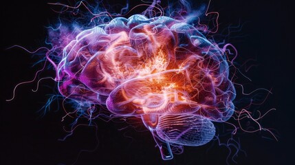 Electrifying art of a fully lit brain showcasing a high-energy depiction of cognitive functions like thinking and analyzing.