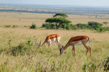 Elegant and swift gazelles grazing on the savannah, A graceful sight of gazelles roaming the vast savannah, their sleek bodies moving swiftly as they gracefully graze