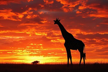 Elegant giraffe silhouetted against a vibrant sunset, A majestic giraffe standing tall, its graceful silhouette outlined against the backdrop of a breathtaking sunset