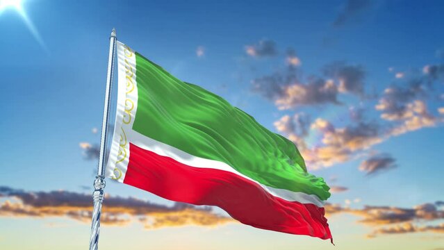 Chechen Republic flag Waving Realistic With Sky