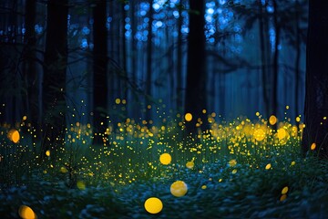Enchanting fireflies creating magical displays in the night, A mesmerizing scene of fireflies illuminating the darkness with their twinkling lights